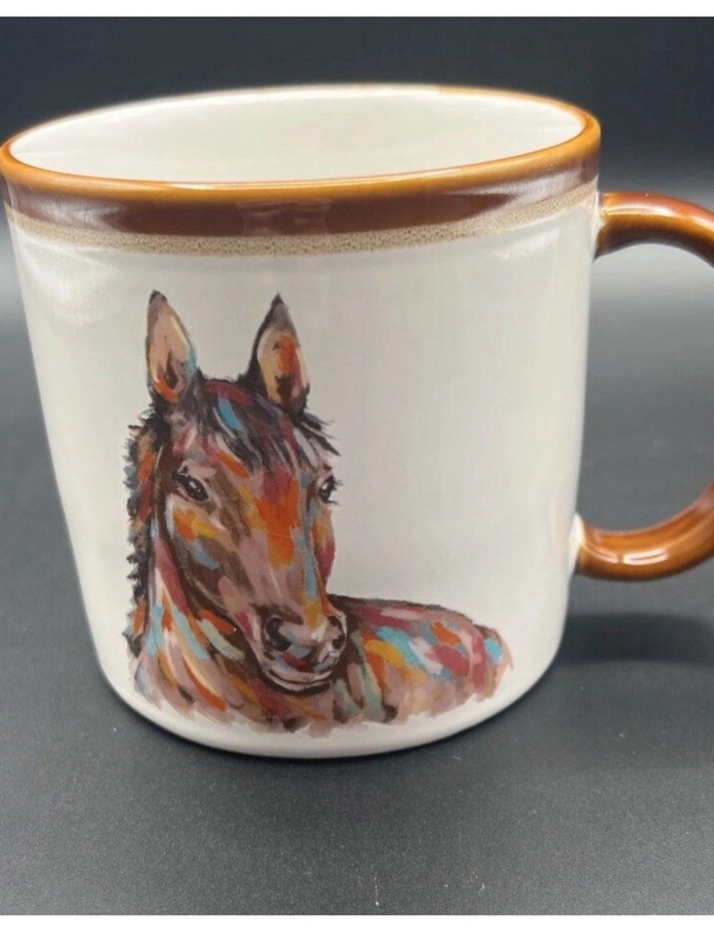 White Ceramic Horse Accent Mug with Brown Rim and Handle